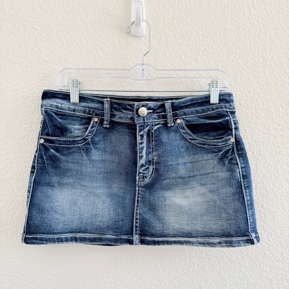 Good In Blue Denim Mini Skirt Embroidered Cross Studded Pockets Size 9